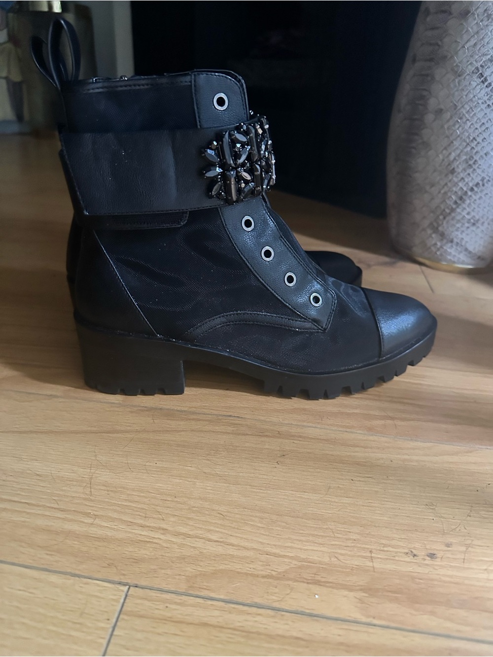 Karl Lagerfeld Black Jeweled Strap Combat Boots